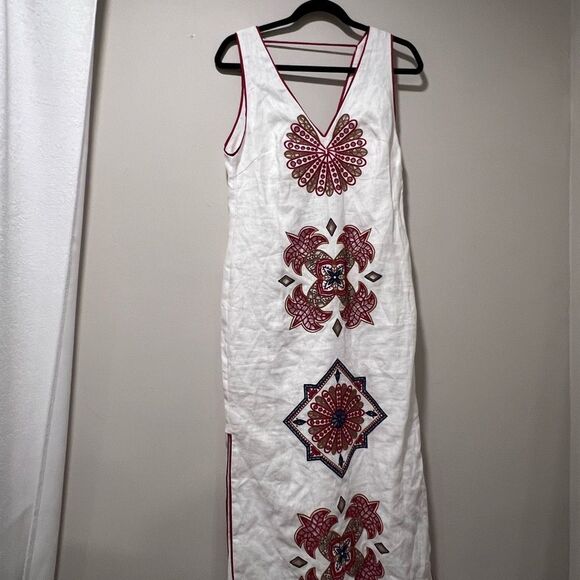FARM Rio Mary's Tiles Embroidered Detail Linen White Midi Dress Size Small - Picture 7 of 14